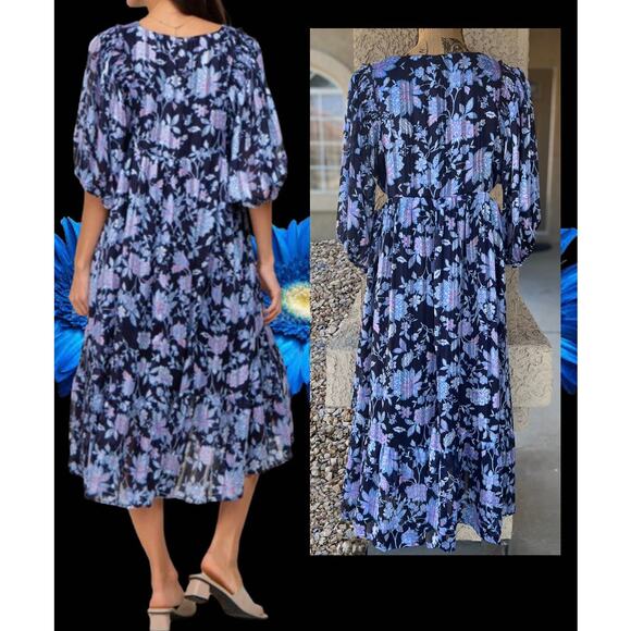 Pinkblush Navy Floral V-Neck Shimmer Midi Dress Size L - Picture 4 of 12